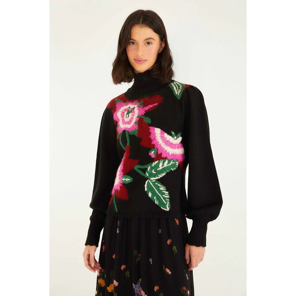 Farm Rio New XS black bold colorful flower embroidered knit sweater